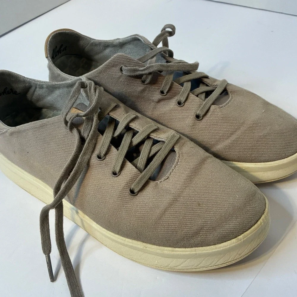 OluKai Ki'ihele Li Womens 9.5 Shoes Gray Tan Textile Lace Up Low Sneakers Casual